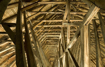 The timber roof of the church of St Girons in Monein